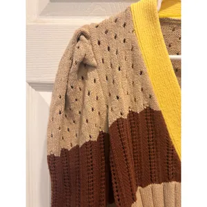Anthro Calligraphie Womens Striped Puff Sleeve Cardigan Brown Yellow Pointelle L thumbnail 3