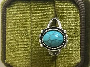 Vintage/Boho Design Blue Turquoise Stainless Steel Silver Statement Ring Size 6 thumbnail 2