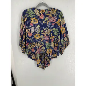 Lola P Womens Blouse Blue Floral Paisley V-Neck Tie Front XL thumbnail 4