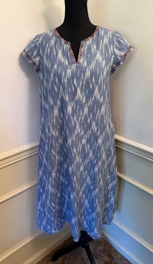J. Jill Pure Jill Blue Ikat Cotton Dress Embroidered V-Neck Boho Shift Pockets thumbnail 1