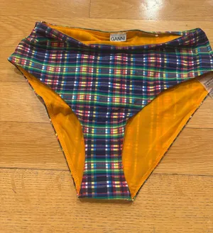 Ganni Multicolor Plaid High-Waist Bikini Bottom with Orange Lining thumbnail 1