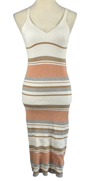 Striped Ribbed Knit Midi Dress‎ Spaghetti Strap V Neck Bodycon Womens Small thumbnail 1