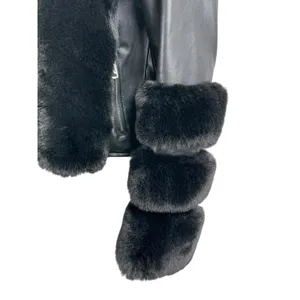 Women's Black Faux Fur Trim Faux Vegan Leather Crop Moto Biker Coat Jacket Sz S thumbnail 4