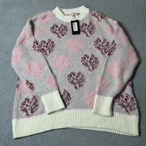 Glitz‎ & Ears Sweater Womens M Pink Cream Fuzzy Leopard Heart Pearl Sweater NEW thumbnail 1