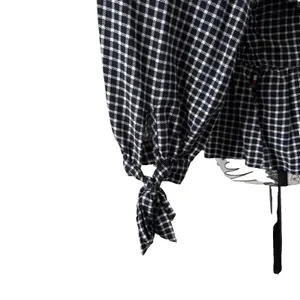 Tommy Hilfiger Womens Navy White Plaid Smocked Peplum Blouse Size L Tie Cuff Top thumbnail 6