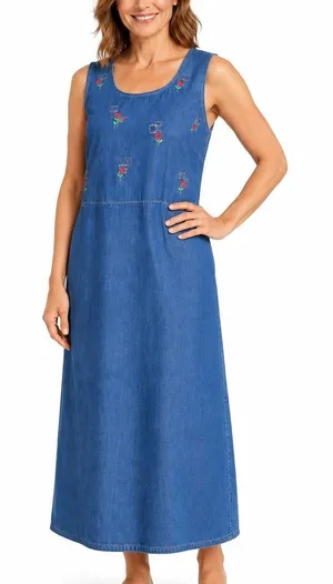 Vintage Denim Floral Pink Embroidered Jumper Dress Cottagecore Midi Romantic‎ thumbnail 1