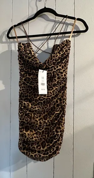 AKIRA NWT Leopard Print Ruched Dress with Spaghetti Straps - Brown thumbnail 1