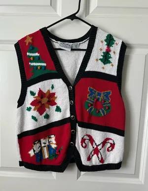 Vintage The Villager Christmas Knitted Sweater Vest Size L thumbnail 1
