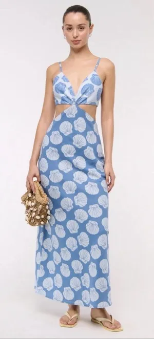 NWT Abercrombie Shell Print Cutout Twist Front Maxi Dress Blue Linen Size L thumbnail 1
