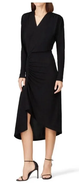 ATLEIN Black Long Sleeve Ruched Asymmetric‎ V Neck Midi Dress Size 6 Formal thumbnail 1