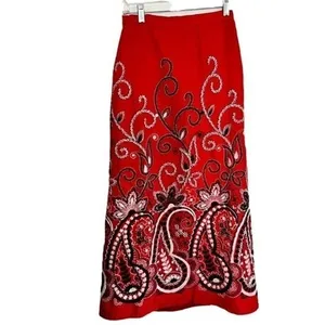 Red Embroidered Paisley Boho Maxi Skirt Small Peasant Maximalist thumbnail 12