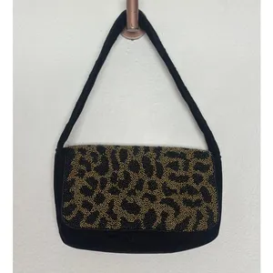 a new day Black and Gold Beaded Leopard Print Shoulder Bag Velvet Purse thumbnail 3
