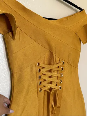 Mustard Bandage Dress S Corset Lace Up Bodycon Y2K Baddie Fall Mini thumbnail 4