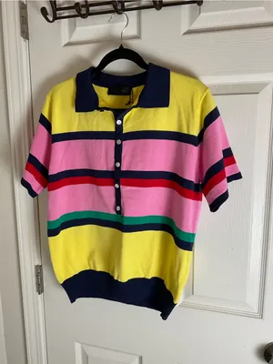 NWT Zara Multi-Stripe Short Sleeve Knit Polo Sweater Top Yellow Pink Blue Large thumbnail 3