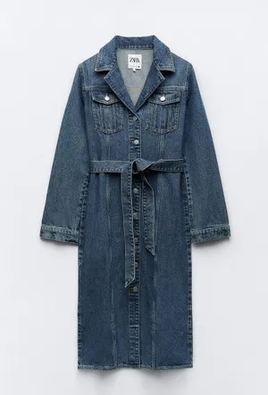 denim jean dress midi button up long sleeve waist tie thumbnail 6
