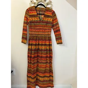 Vintage Groovy Floral Bark/ Lava Cloth Handmade Maxi Dress S/M thumbnail 3
