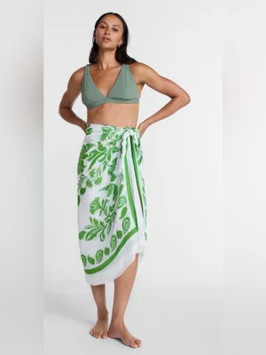 Time and Tru White & Green Floral Swim Sarong Cover-Up thumbnail 2