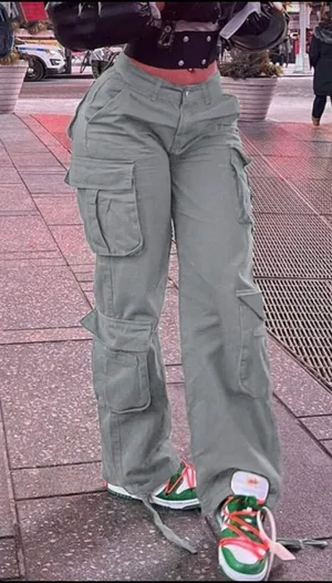 Gilipur Gray Khaki Cargo Pants with multiple pockets & decorative ankle straps thumbnail 1
