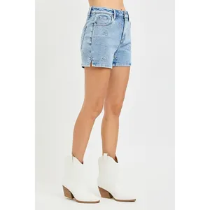 RISEN High Rise Denim Shorts‎ with Embroidered Detail - Medium thumbnail 4