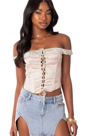 EDIKTED Damsel Satin Lace-Up Corset Top Pink White Size Medium Bustier thumbnail 1