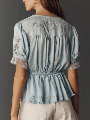 By Anthropologie Embroidered V-Neck Peplum Blouse Top in Nantucket Breeze Blue thumbnail 3