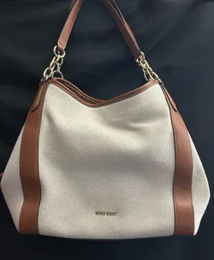 Nine West Cream Canvas Shoulder Tote Boho Bag with Brown Trim thumbnail 1