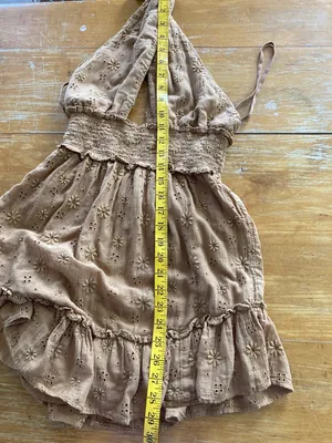 Aerie Spring Fling Cotton Smocked Crossover Halter Eyelet Mini Brown Dress XS thumbnail 7