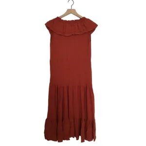 Zara Ruffle Midi V-Neck Terracotta Orange Red Smocked Tiered Flowy Dress Small thumbnail 2