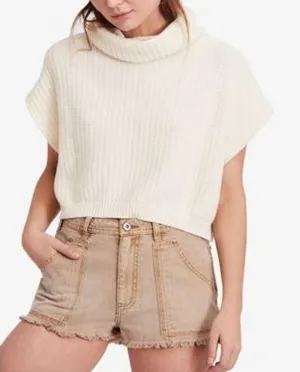Free People Keep It Simple‎ Cowl Neck Sweater Vest Cream Chunky Knit Crop Small thumbnail 1