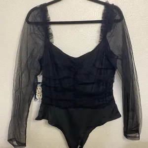 Lulus Black Mesh Long Sleeve Bodysuit Sheer Top Size XL NWT thumbnail 5