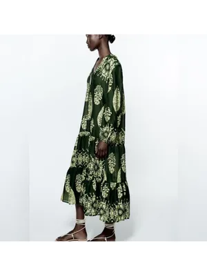 Zara Dark Green Midi Dress with Light Green Botanical Print thumbnail 7