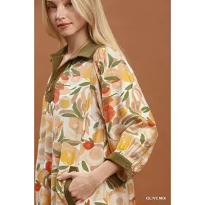 Umgee Mix Floral Contrast Trim Shift Mini Dress - Olive Mix - Medium thumbnail 5