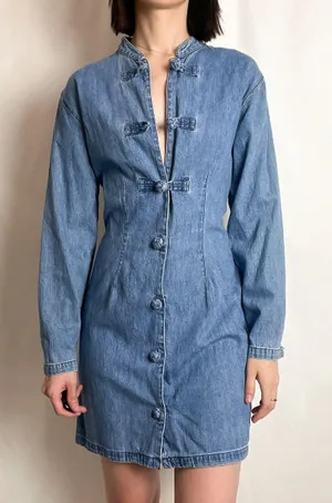 Guess vintage 90s blue chambray chinese knot button down long sleeve mini dress by thumbnail 1