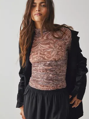 Free People Under It All Sheer Long Sleeve Mock neck Ruched Printed Bodysuit thumbnail 4