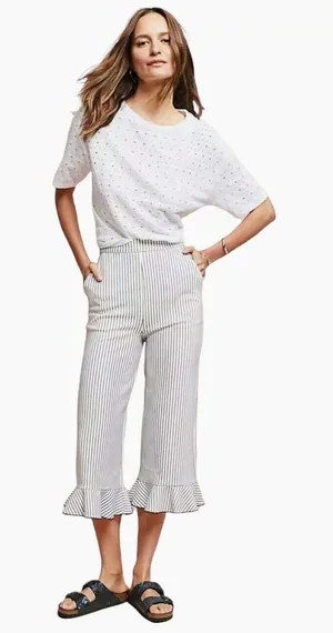 English Factory Gray Striped Ruffle Cropped Bell Bottom Linen Pants - XS thumbnail 2