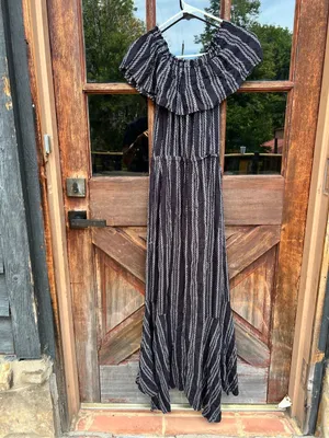 Elan Black White Striped boho cottagecore Linen Style Maxi Dress Medium $125 thumbnail 8