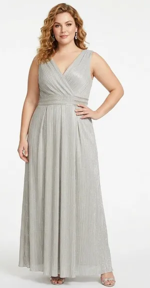 R&M Richards Silver V-Neck Pleated Maxi Dress with Beaded Waist. Size 14 thumbnail 1