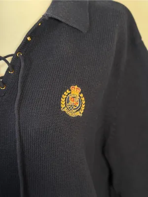 Lauren Ralph Lauren Lace Up Sweater L Navy Crest Cotton Knit Collared Preppy thumbnail 2