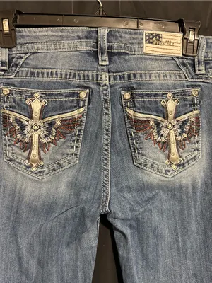Miss Me Blue Denim Bootcut Jeans size 29 with Embroidered Cross & Wing Pockets thumbnail 12