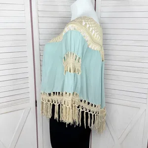 UMGEE Boho Peasant Crochet Fringe Hem Triangle Top‎ Teal Green Tan Large Hippie thumbnail 3