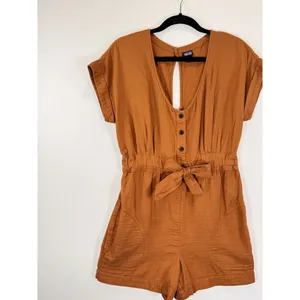 Patagonia Womens Romper Brown V Neck Organic Cotton Gauze Playsuit Tie Bow XS thumbnail 6