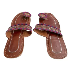 Kolhapuri Chappals Hand Embroidered Leather Flat Sandals Toe Ring 9 Brown thumbnail 9