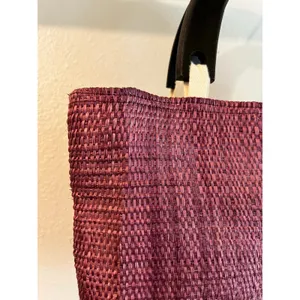 Purple Sisal Natural Fiber Wooden Handle Medium Top Handle Top Bag NEW thumbnail 3