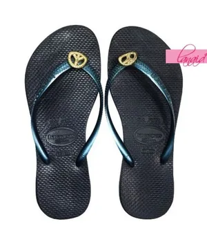 Havaianas Slim Crystal Peace Flip Flops Marine Hippie Sparkly Flats Thong Sandal thumbnail 1