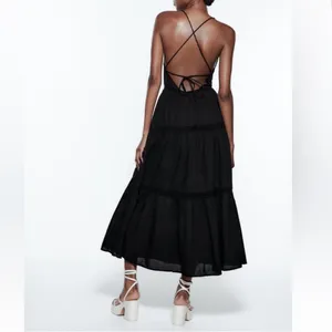 ZARA Black Lace Insert Open Back Strappy Midi Dress Large NEW thumbnail 2
