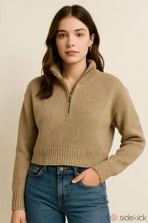 Cupcake Boutique Camel Knit Quarter Zip Cropped Small thumbnail 1