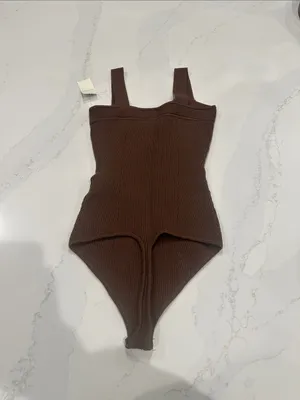 Abercrombie & Fitch Brown Ribbed sweater straight‎ neck bodysuit thong NWT thumbnail 4
