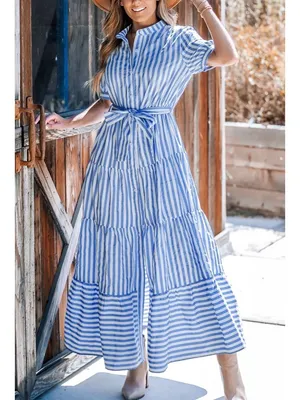 NWT Cupshe Blue Striped Puff Sleeve Front Button Maxi Dress - Size: Small thumbnail 2