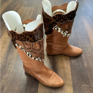 Donna Carolina Leather Patchwork Cowboy Boots Tan Animal Print EU 36.5 thumbnail 5