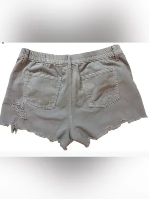 aerie Grey Distressed Denim Jean Shorts with Elastic Waist thumbnail 2
